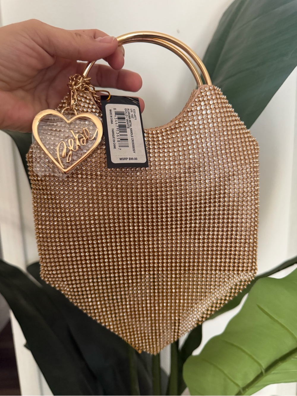 Bebe Alabama Rhinestone Metal Handle Bag Gold White NWT $99 MSRP Glam Purse